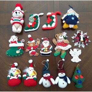 MCM Felt Fabric Crochet Christmas Tree Ornaments Sequin Ribbons 60s-80s‎ Lot/15